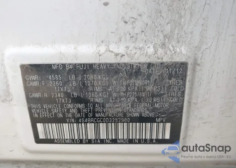 2013 Subaru Outback 2.5I Premium из США, поврежденный, VIN 4S4BRCGC0D3252900